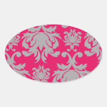 Raspberry and grey damask oval sticker