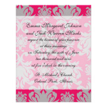 Raspberry and grey damask personalized invitation