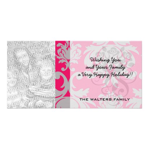 Raspberry and grey damask photo card template