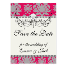 Raspberry and grey damask post card