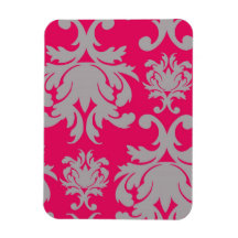 Raspberry and grey damask rectangle magnets