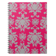Raspberry and grey damask spiral note book