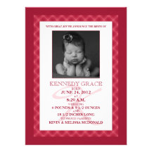 Raspberry Gingham Dreams Photo Birth Announcements