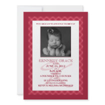 Raspberry Gingham Dreams Photo Birth Announcements