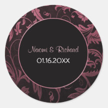 Raspberry Pink and Black Damask Wedding Seal Stickers