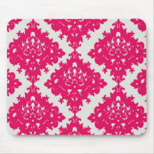 raspberry pink diamond damask on white mouse pad