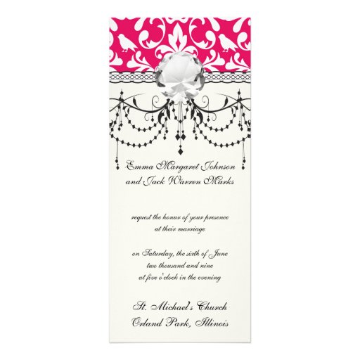 raspberry white bird damask personalized invitation