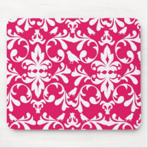 raspberry white bird damask mousepads