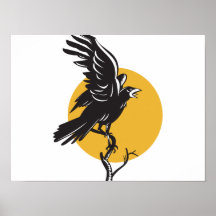 Raven Perching on Branch Retro Print