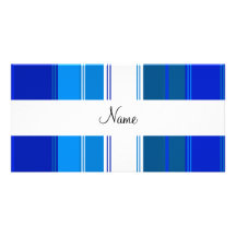 Rayures bleues et blanches nommées personnalisées photocarte