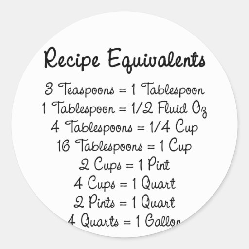 Recipe Equivalents Kitchen Helper Round Stickers