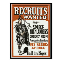 Recruitment 91st Highlanders Bagpiles WWI Postcard