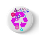 Recycle Symbol with Butterflies and Flowers Button