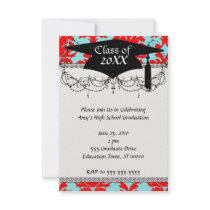 red and aqua lovely formal damask personalized invite