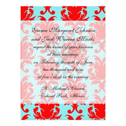 red and aqua lovely formal damask personalized announcement
