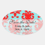 red and aqua lovely formal damask oval sticker