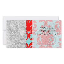 red and aqua lovely formal damask customized photo card