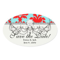 red and aqua lovely formal damask oval stickers