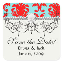red and aqua lovely formal damask square sticker