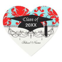 red and aqua lovely formal damask heart stickers
