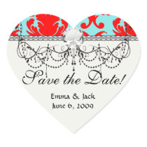 red and aqua lovely formal damask heart stickers
