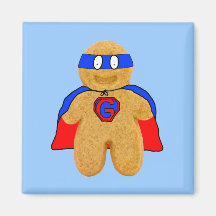 red and blue gingerbread man super hero magnet
