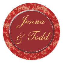 Red and gold damask wedding stickers