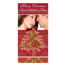Red and Green Damask Pine Holiday Family Pictures Photo Cards