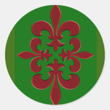 Red and Green Fleur de Lis Holiday Cards Round Stickers
