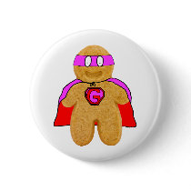 red and pink gingerbread man super hero badge