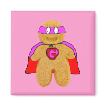 red and pink gingerbread man super hero magnet