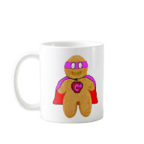 red and pink gingerbread man super hero mug