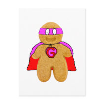 red and pink gingerbread man super hero postcard