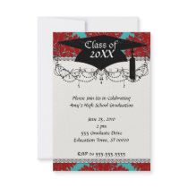 red and teal aqua bold intricate damask announcement