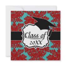 red and teal aqua bold intricate damask invites