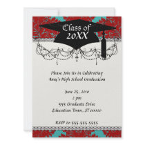 red and teal aqua bold intricate damask personalized invitation