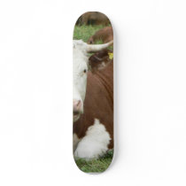 Red And White Cow On Green Grass Skate Board Deck