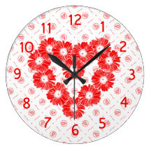 Red And White Daisy Heart Wallclocks
