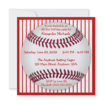 Red and White Pinstripes Baseball Birthday Party Custom Invite