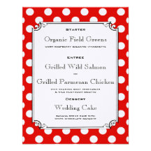 Red and White Polka Dot Reception Dinner Menu Personalized Invites