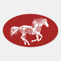 Red and White Snowflake Christmas Horse Oval Sticker