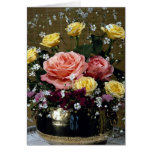 Red and yellow flowers in brass bowl cards