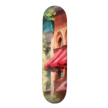 Red Awnings on Brownstone Hoboken NJ Skate Boards
