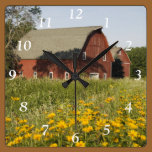 Red Barn and Yellow Wildflowers Square Clock wall clocks