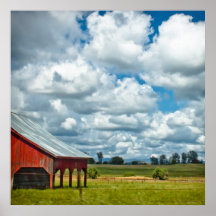 Red Barn, Fluffly Clouds, Green Meadow Print