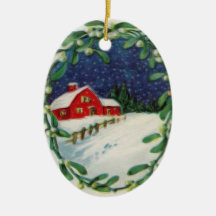 Red barn in the snow Christmas Ornament