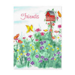 Red Birdhouse Butterfly Flower Garden Watercolor Postcard