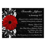 Red, Black and White Gerbera Daisy 40th Birthday Invitation