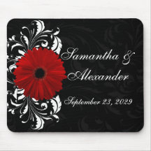Red, Black and White Scroll Gerbera Daisy Mouse Pads