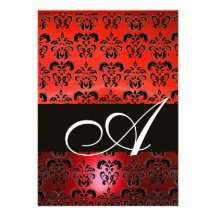RED  BLACK  DAMASK MONOGRAM ,bright white Custom Invitation
